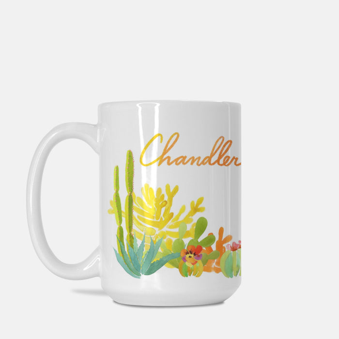 White Chandler Arizona ceramic mug featuring colorful cactus and desert flowers design.