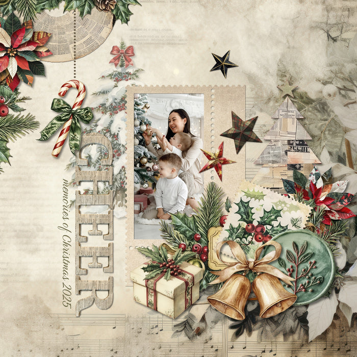 Add these vintage-inspired embellishments, winter papers, newspaper alpha set, clusters, and grunge overlays by Lucky Girl Creative digital art to all your Christmas greeting cards, holiday decor, and winter pages. In a shabby chic style, these digital scrapbooking elements feature bits of newspaper and vintage advertisements. Great for family history and genealogy pages, too! Embellishments include angel, bird, baby Jesus, bells, button, candle, arch, candy cane, tree, deer, stag, reindeer, and more.