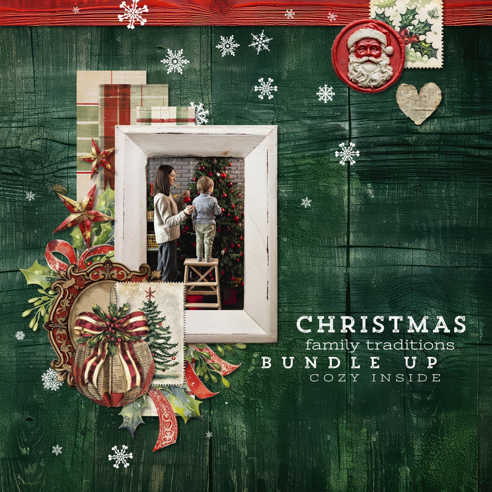 Add these vintage-inspired embellishments, winter papers, newspaper alpha set, clusters, and grunge overlays by Lucky Girl Creative digital art to all your Christmas greeting cards, holiday decor, and winter pages. In a shabby chic style, these digital scrapbooking elements feature bits of newspaper and vintage advertisements. Great for family history and genealogy pages, too! Embellishments include angel, bird, baby Jesus, bells, button, candle, arch, candy cane, tree, deer, stag, reindeer, and more.