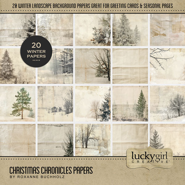 Add these vintage papers by Lucky Girl Creative digital art to all your Christmas greeting cards, holiday decor, and winter pages. In a shabby chic style, these digital scrapbooking papers feature bits of newspaper and other multi-media bits and pieces. Great for family history, genealogy, and outdoor and nature walks, too! This kit is included in the Christmas Chronicles Bundle.
