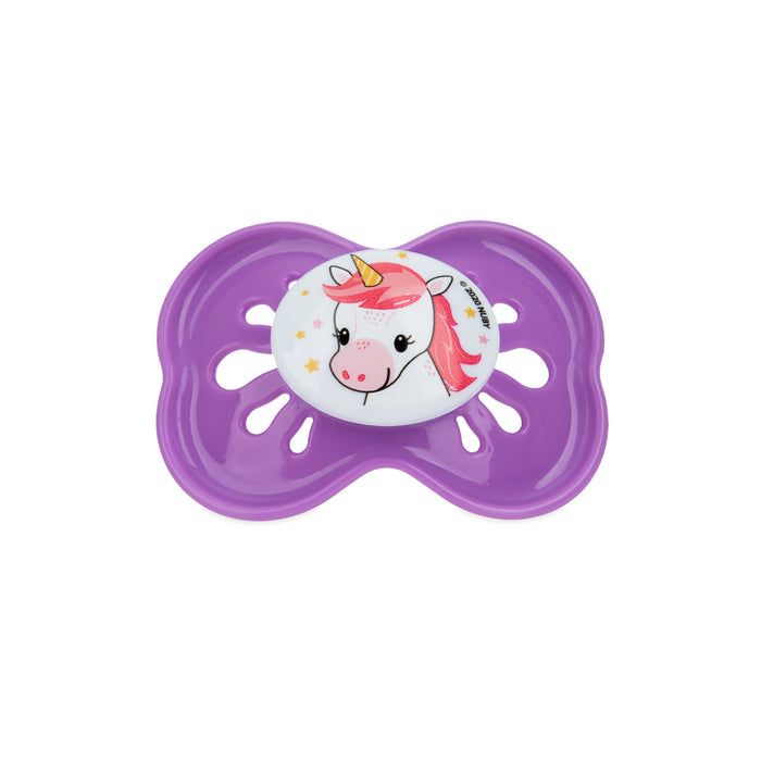 The Classic Oval Pacifier is a large purple silicone pacifier with a white center featuring a cartoon unicorn with a pink mane, yellow horn, and small yellow stars. It soothes fussy babies and has a hygienic air system.