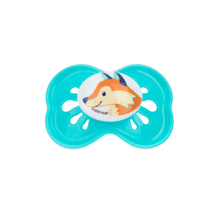 The Classic Oval Pacifier is a large turquoise silicone pacifier with a white center, featuring an orange fox illustration and a hygienic air system to help soothe fussy babies.