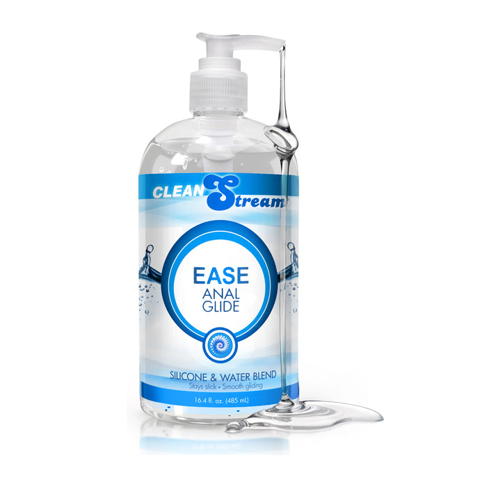 CleanStream Ease Anal Glide silicone and water blend lubricant in a clear pump bottle with lubricant dripping from the dispenser on a white background