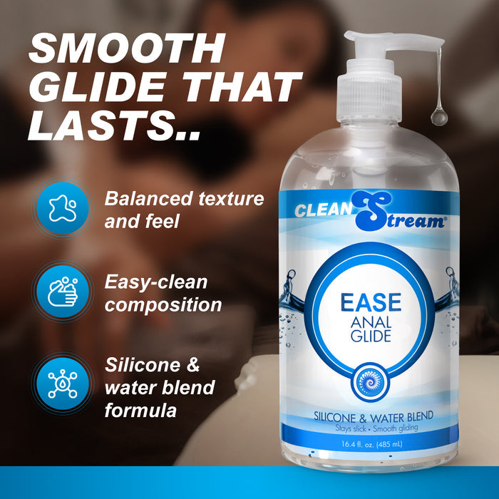 CleanStream Ease Anal Glide silicone and water blend lubricant bottle with product benefits highlighting smooth glide, easy cleanup, and balanced texture