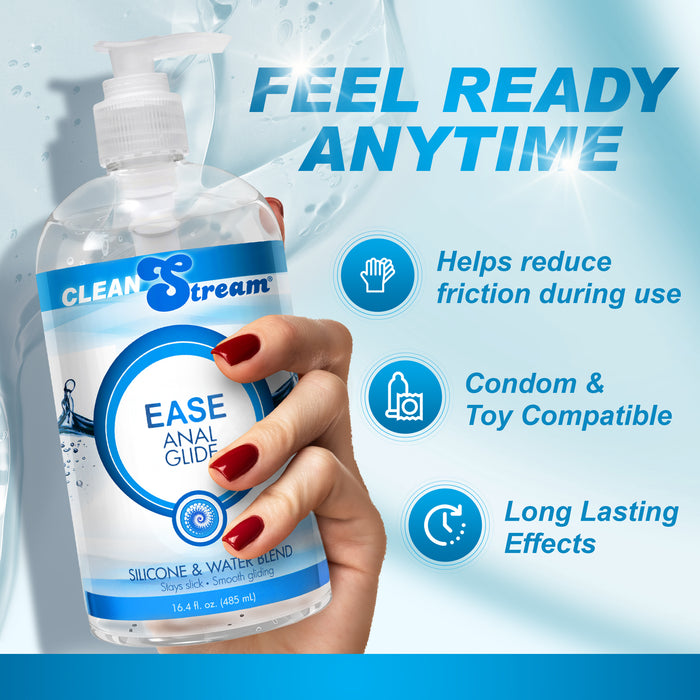 CleanStream Ease Anal Glide lubricant bottle highlighting reduced friction, condom compatibility, toy compatibility, and long-lasting performance benefits