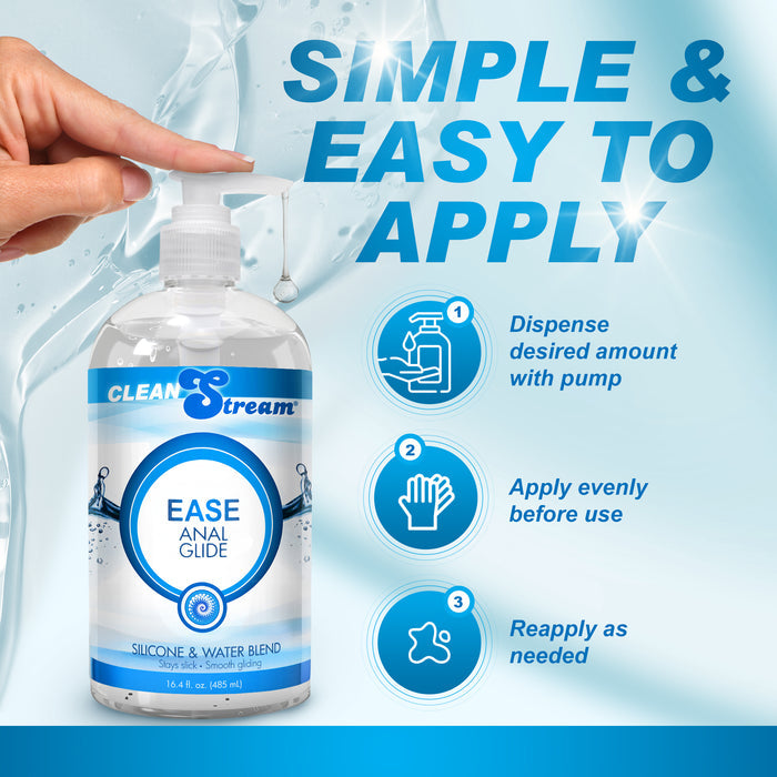 CleanStream Ease Anal Glide lubricant with illustrated instructions showing dispensing, application, and reapplication steps for smooth use