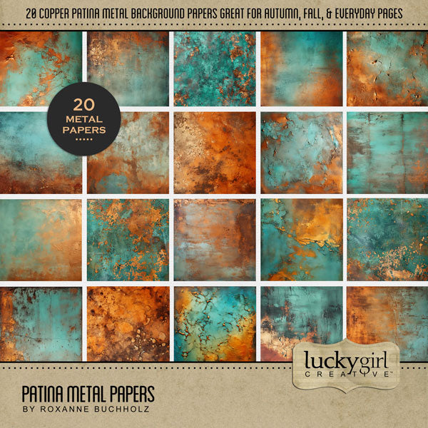 Right on trend for the fall and autumn season, these beautiful copper and patina metal background papers by Lucky Girl Creative digital art will accent your digital scrapbooking pages perfectly. Great for historic sites and genealogy, too! This kit is included in the Copper & Patina Bundle.