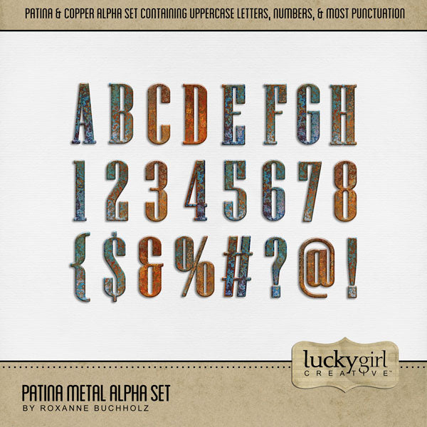Right on trend for the fall and autumn season, these beautiful copper patina alphabet, numbers, and most punctuation by Lucky Girl Creative digital art will create one-of-a-kind digital scrapbooking page titles. Great for historic sites and genealogy, too! The Patina Alpha Set consists of a full set of digital art uppercase alphabet letters A-Z, numbers 0-9, and most punctuation marks. This alpha set is available as individual embellishments only. This kit is included in the Copper & Patina Bundle.