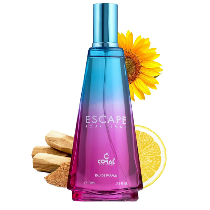 Bin Kamal Coral Escape Pour Femme Eau de Parfum 100ml bottle with a sleek, elegant design and coral-colored accents.