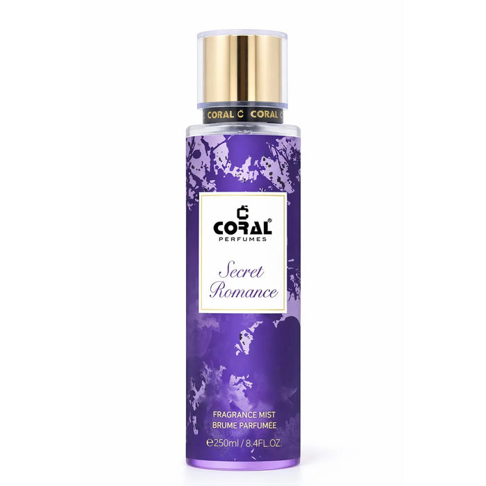 Coral Secret Romance fragrance mist for women in 250ml bottle, featuring floral and fruity notes by Bin Kamal Perfumes.
