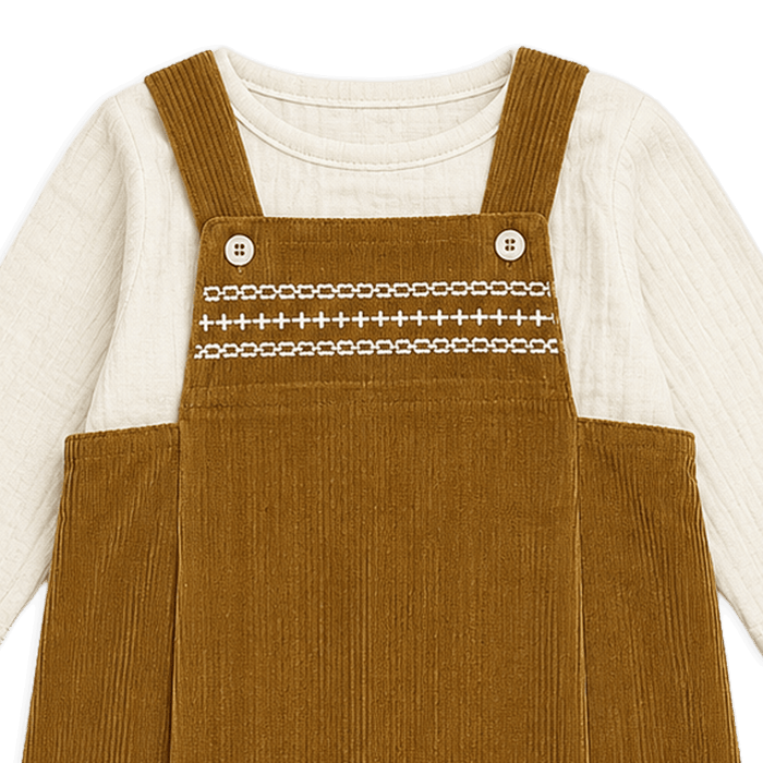 Organic Cotton Corduroy Baby Overall Set with Muslin Shirt, Detail