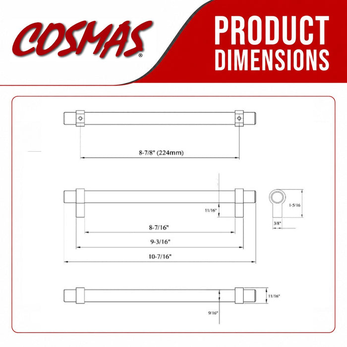 Cosmas 161-224SN Satin Nickel Euro Style Bar Pull