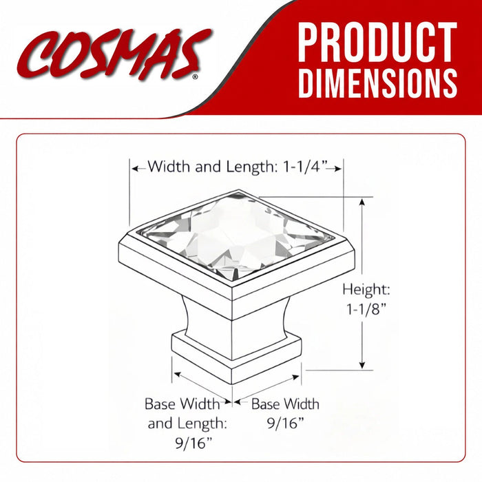 Cosmas 5883FB-C Flat Black & Clear Glass Square Cabinet Knob