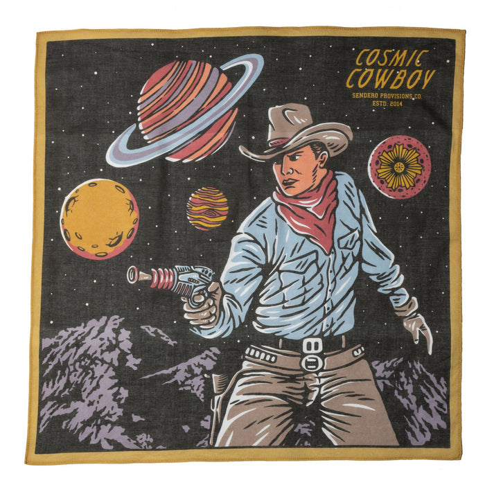 Cosmic Cowboy bandana featuring a space cowboy with planets and stars against a dark background with a yellow border