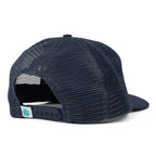 Navy blue mesh back cowboy trucker hat shown from rear with adjustable snapback