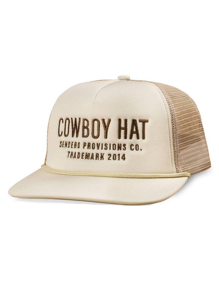 Cream trucker hat with brown embroidered COWBOY HAT on the front panel and beige mesh back