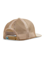 Beige mesh back trucker hat with tan adjustable strap and curved brim viewed from rear left