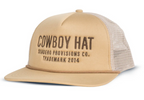 Beige trucker hat with brown embroidered Cowboy Hat Sendero Provisions Co Trademark 2014 on the front