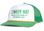 White front panel trucker hat with green embroidery reading Cowboy Hat green brim and mesh back with yellow trim