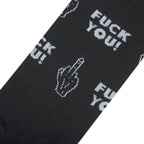 crew sock featuring a repeating pattern of the phrase "FUCK YOU!