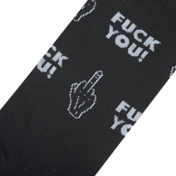 crew sock featuring a repeating pattern of the phrase "FUCK YOU!