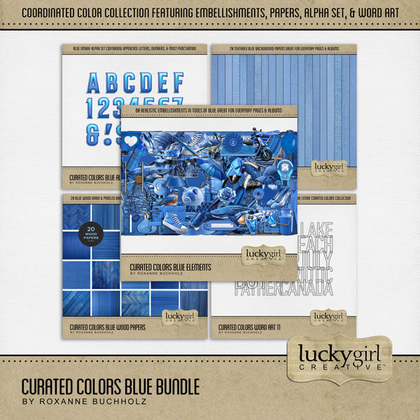 Collect the entire series of Curated Colors! Access your digital art in easy-to-use coordinated color palettes. Add these blue embellishments, textured and wood papers, alpha set, and everyday wire word art by Lucky Girl Creative digital art to all your digital scrapbooking pages and mix-and-match them on various projects throughout the year! Embellishments include blue jay, bird, bluebird, school of fish, shark, whale shark, balloon, bandana, and more.