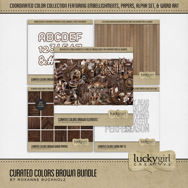 Collect the entire series of Curated Colors by Lucky Girl Creative digital art! Access your digital art in easy-to-use coordinated color palettes. Add these brown embellishments, textured and wood papers, alpha set, and everyday wire word art to all your digital scrapbooking page to all your digital scrapbooking pages and mix-and-match them on various projects throughout the year! Brown embellishments include bear, quail, bird, butterfly, deer, stag, Boxer, dog, puppy, duck, horse, snail, kangaroo, and more