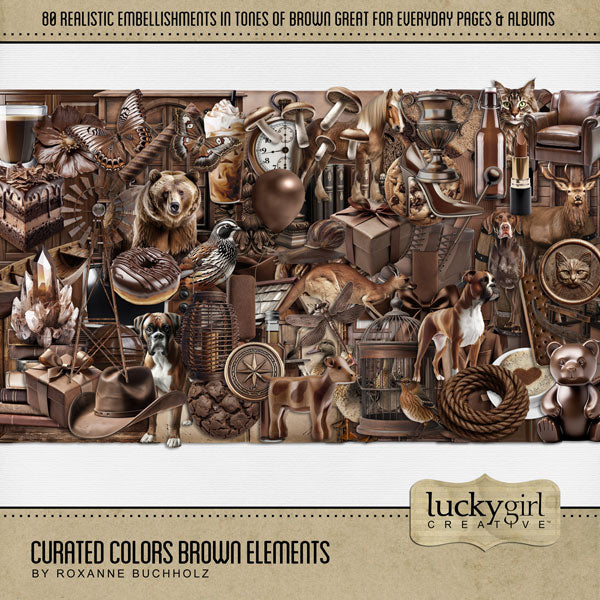 Collect the entire series of Curated Colors by Lucky Girl Creative digital art! Access your digital art in easy-to-use coordinated color palettes. Add these brown embellishments to all your digital scrapbooking pages and mix-and-match them on various projects throughout the year! Brown embellishments include bear, quail, bird, butterfly, deer, stag, Boxer, dog, puppy, duck, horse, snail, kangaroo, Maine Coon, cat, moth, chicken coop, balloon, barrel, beer bottle, cage, canoe, boat, book, library, and more.