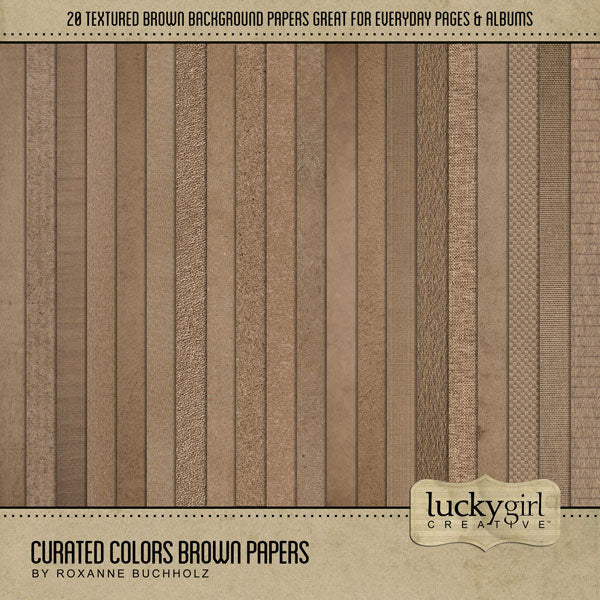Collect the entire series of Curated Colors by Lucky Girl Creative digital art! Access your digital art in easy-to-use coordinated color palettes. Add these brown textured backgrounds to all your digital scrapbooking pages and mix-and-match them on various projects throughout the year! Great for Thanksgiving, autumn, and fall, too. This kit is included in the Curated Colors Brown Bundle.