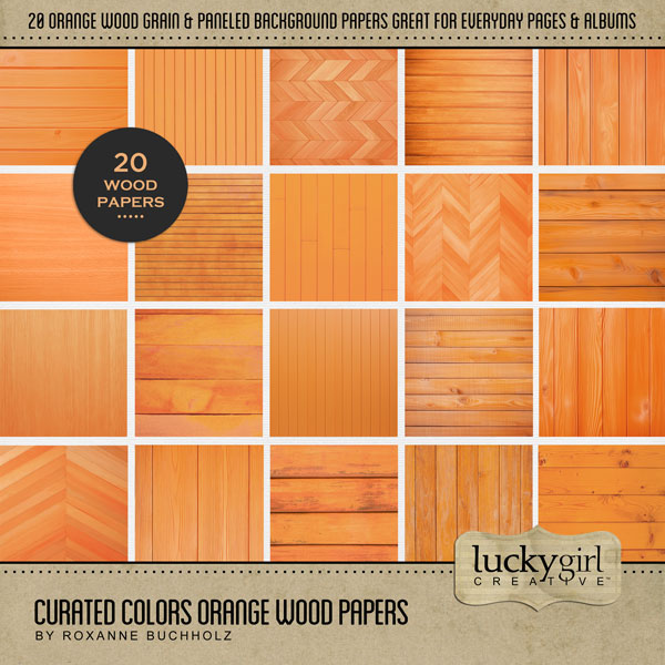 Collect the entire series of Curated Colors by Lucky Girl Creative digital art! Access your digital art in easy-to-use coordinated color palettes. Add these orange wood grain backgrounds to all your digital scrapbooking pages and mix-and-match them on various projects throughout the year! Great for Halloween, fall, and autumn, too! This kit is included in the Curated Colors Orange Bundle.