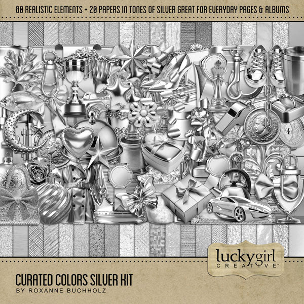 Collect the entire series of Curated Colors by Lucky Girl Creative digital art! Access your digital art in easy-to-use coordinated color palettes. Add these silver embellishments and textured papers to all your digital scrapbooking pages and mix-and-match them on various projects throughout the year! Silver embellishments include fish, dog, puppy, futuristic automobile, car, heart balloon, star balloons, banner, pennant, basket, eye dropper, bow tie, briefcase, butterfly, camera, chain, chalice, goblet.