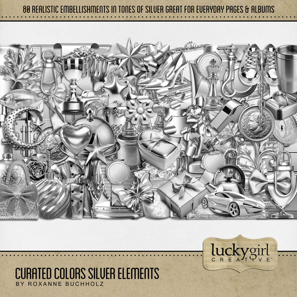Collect the entire series of Curated Colors by Lucky Girl Creative digital art! Access your digital art in easy-to-use coordinated color palettes. Add these silver embellishments to all your digital scrapbooking pages and mix-and-match them on various projects throughout the year! Silver embellishments include fish, dog, puppy, futuristic automobile, car, heart balloon, star balloons, banner, pennant, basket, eye dropper, bow tie, briefcase, butterfly, camera, chain, chalice, goblet, wine glass, champagne.