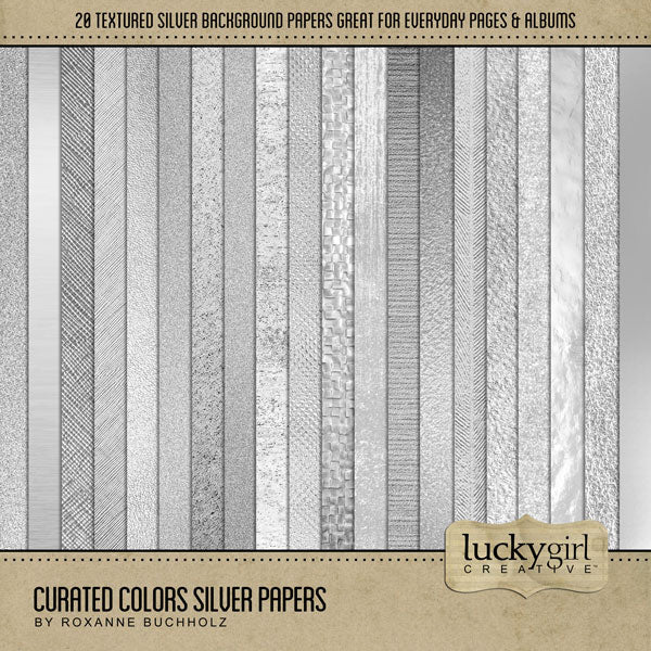 Collect the entire series of Curated Colors by Lucky Girl Creative digital art! Access your digital art in easy-to-use coordinated color palettes. Add these silver textured backgrounds to all your digital scrapbooking pages and mix-and-match them on various projects throughout the year! Great for Christmas, holiday, anniversary, birthday, and wedding, too! This kit is included in the Curated Colors Silver Bundle and the Curated Colors Silver Kit.