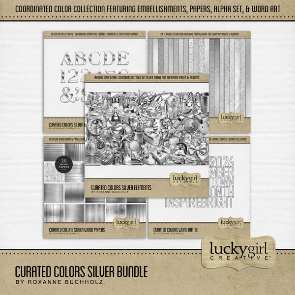 Collect the entire series of Curated Colors by Lucky Girl Creative digital art! Access your digital art in easy-to-use coordinated color palettes. Add these silver embellishments, textured and wood papers, alpha set, and everyday wire word art to all your digital scrapbooking pages and mix-and-match them on various projects throughout the year! Silver embellishments include fish, dog, puppy, futuristic automobile, car, heart balloon, star balloons, banner, pennant, basket, eye dropper, bow tie, and more.