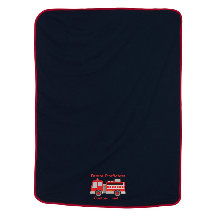 Customized Baby Blanket with Fire Truck in Navy and Red