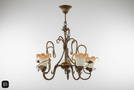 Decorative French Metal Uplighter Chandelier With Frosted Shades
