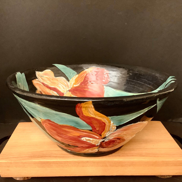 Deep Black Bowl with Orange Irises