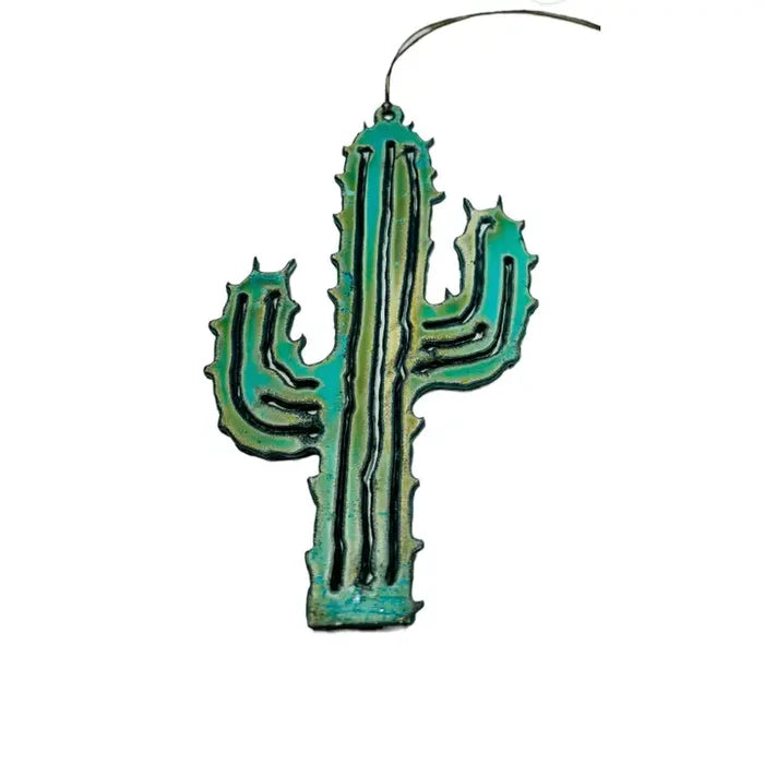 Desert cactus ornament in turquoise tones with hanging loop