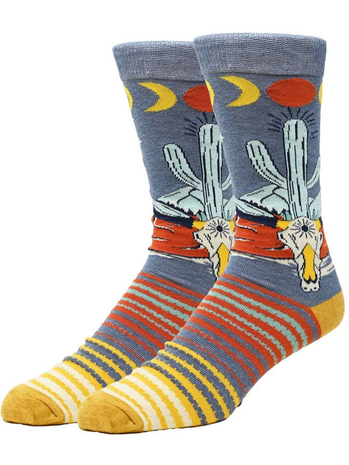Desert Nights men's socks featuring a desert landscape with cacti sun and moon in bright colors