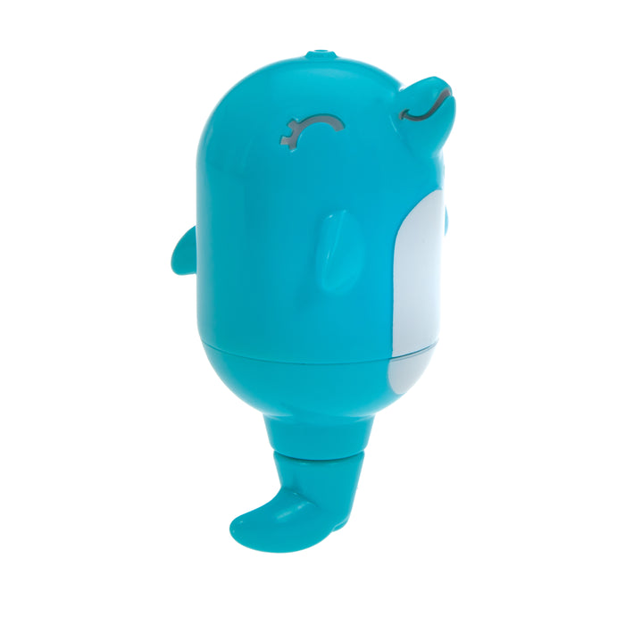 The Dolphin Squirt Toy with Splash Squirter Balls is a blue, cartoon-style plastic dolphin bath toy with a rounded body, small fins, smiling face, and water-squirting feature. It stands upright on a white background.