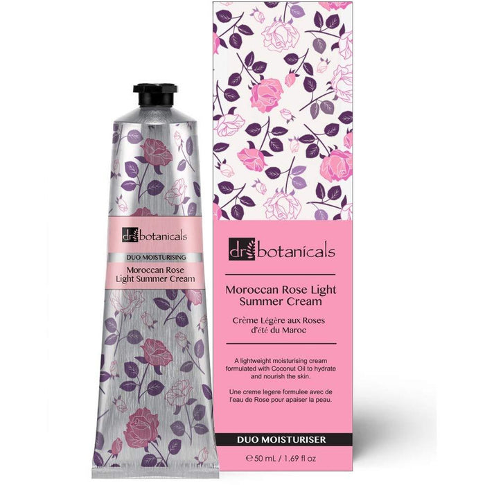 Dr. Botanicals Moroccan Rose Light Summer Face and Hand Cream in a 50ml tube, vegan lotion and moisturizer for face and hands.