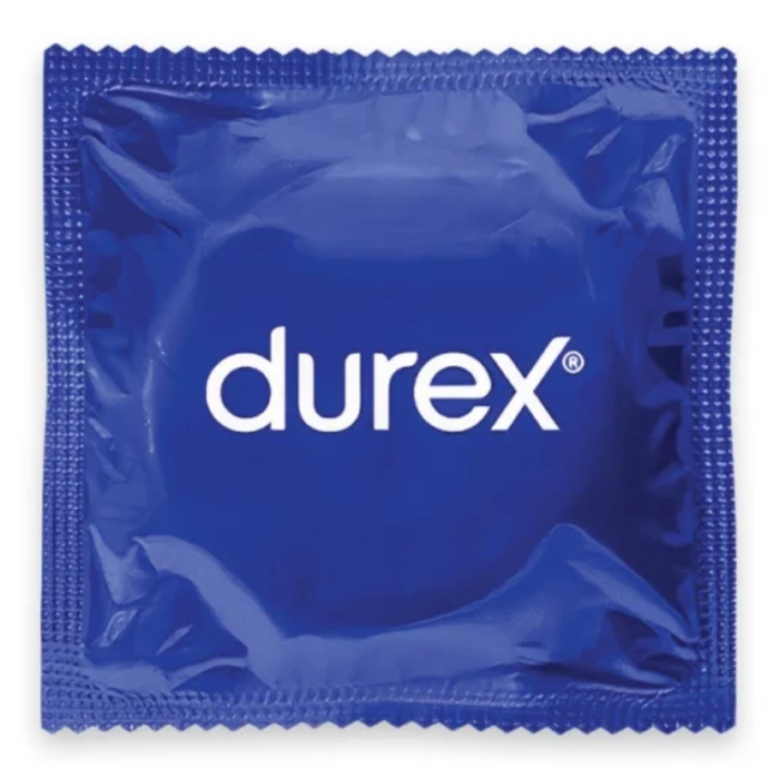An image of an individually wrapped Durex Basic condom in a white background.
