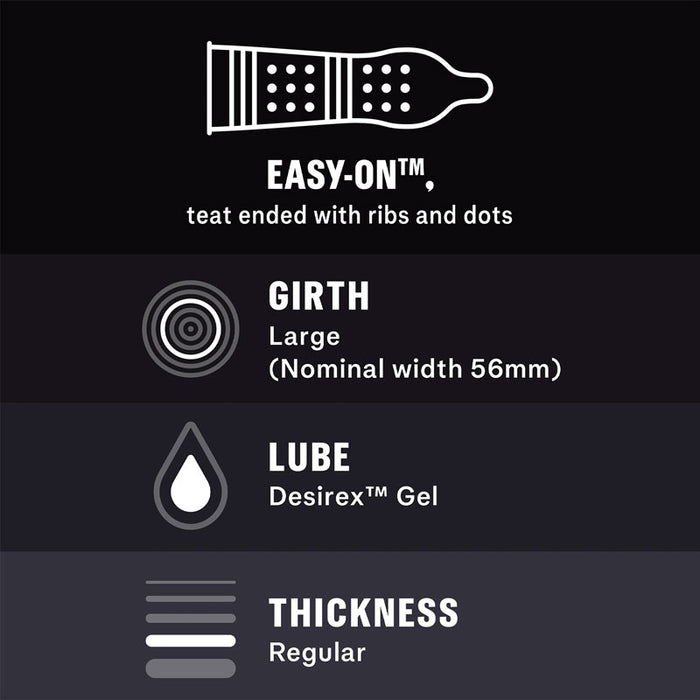 Durex Mutual Climax condom features – ribs, dots, girth 56mm, DesirEX gel, regular thickness