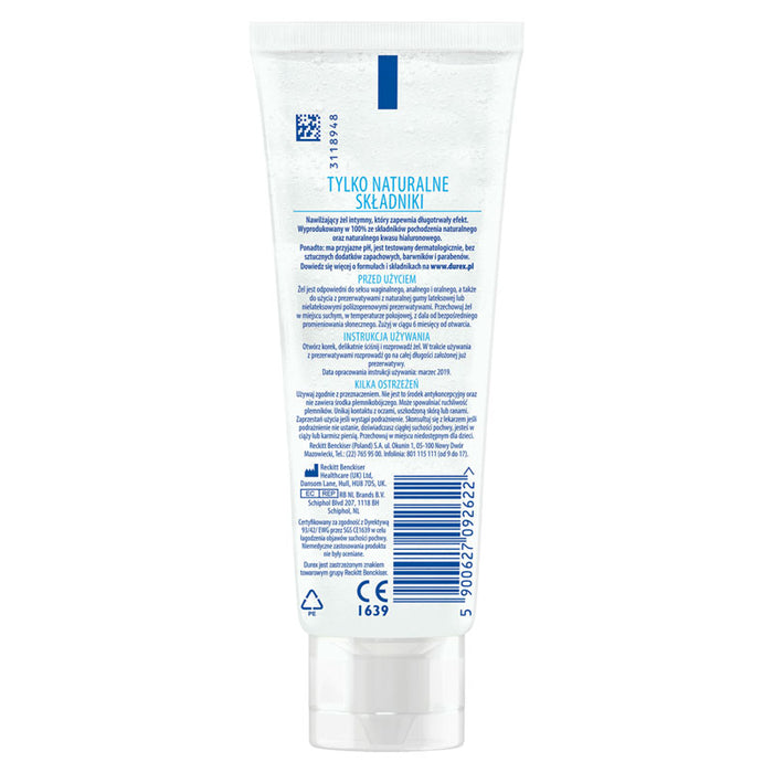 A back-facing image of the Durex Naturals Hyaluro 100ml tube. The packaging is white with a bright blue diagonal leaf graphic covered in water droplets and a '100% Natural Ingredients' seal.