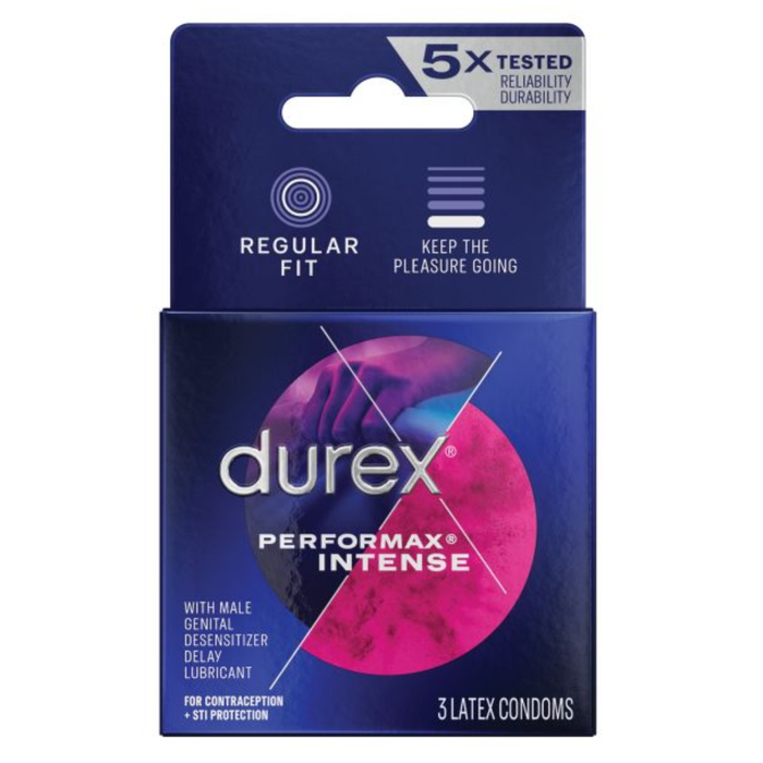 The front of a dark blue Durex Performax Intense box containing 3 latex condoms. The packaging features a pink and purple circular graphic with a silhouette of interlocked hands. Text highlights "Regular Fit," "5x Tested," and "With male genital desensitizer delay lubricant."