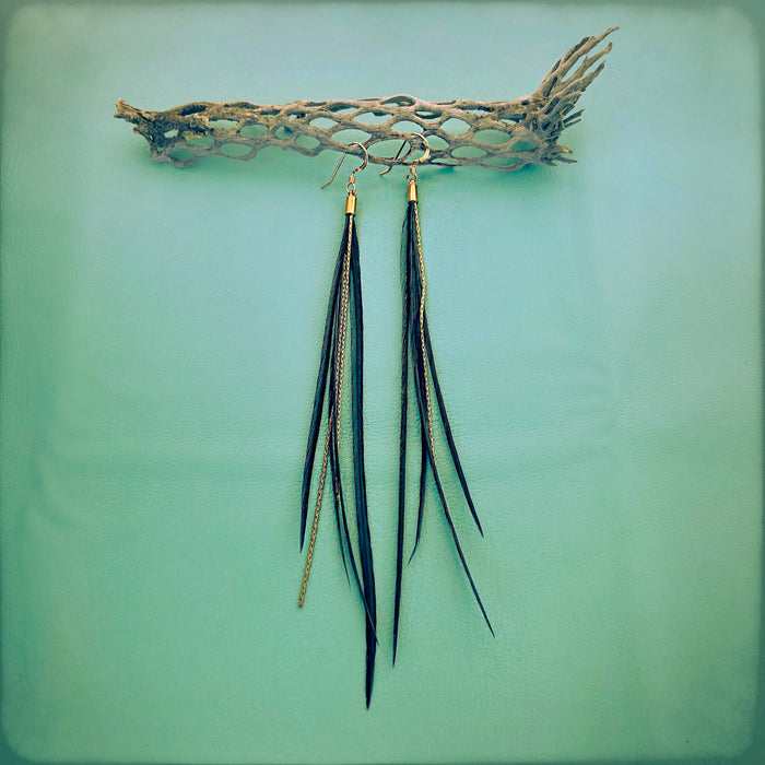 Earrings-Mini Feather-Black/Gold, Boho Western Earrings