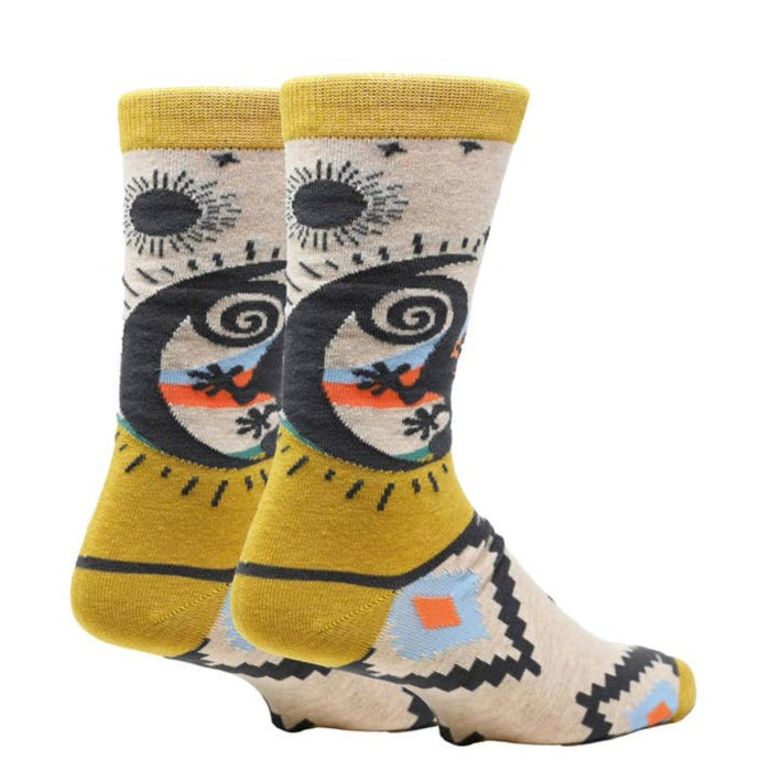 Echo Sands men's socks in beige and yellow with sun and geometric desert motifs