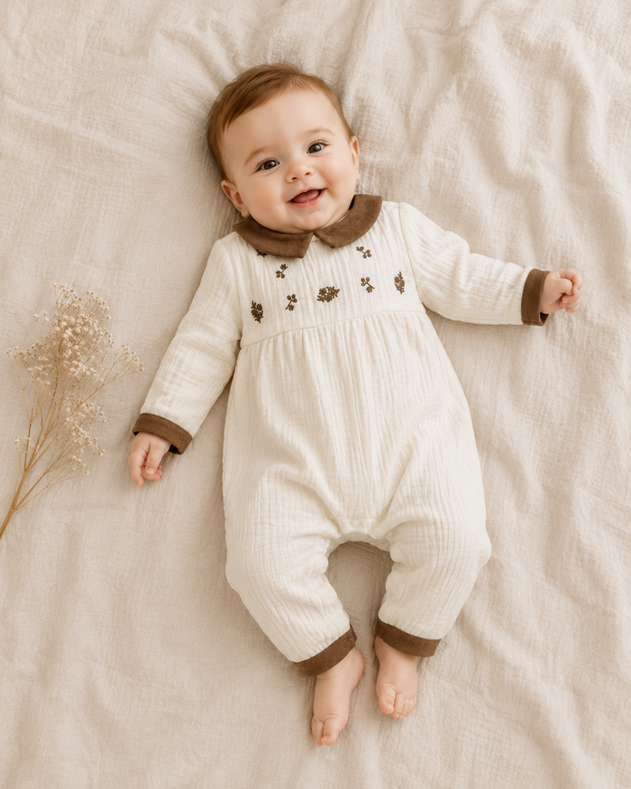 Baby Wearing Organic Embroidered Crinkle Muslin Baby Jumpsuit