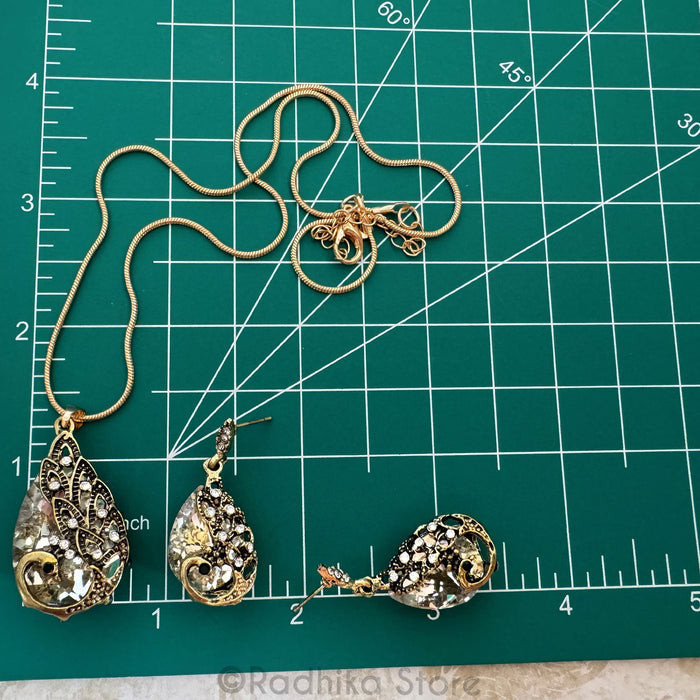 Emerald Peacock Tears Crystal Rhinestone Deity Necklace And Earring Set