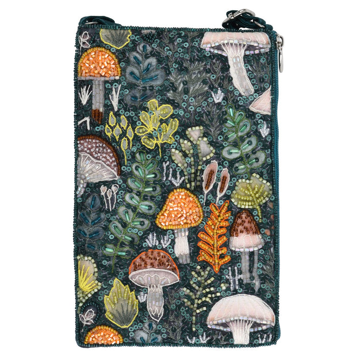 Dark teal beaded club bag featuring a forest scene with mushrooms and foliage.